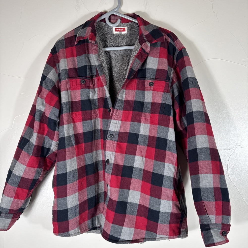 Wrangler Mens Sherpa Lined Flannel Shirt Jacket Large Red Plaid Shacket